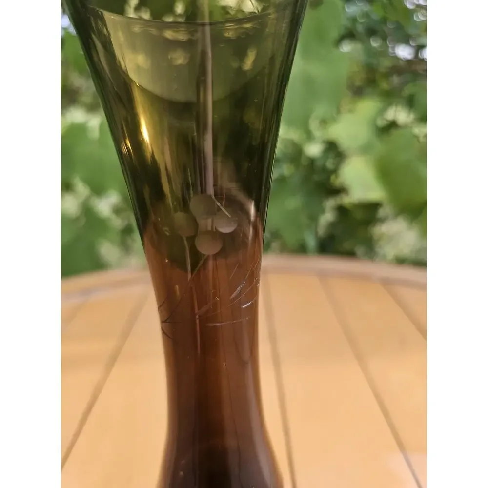 Vintage Olive Green Etched Glass Small Footed Bud Vase